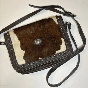 American West Leather Hand Made Hair On Cowhide Print Crossbody Purse Flaw
